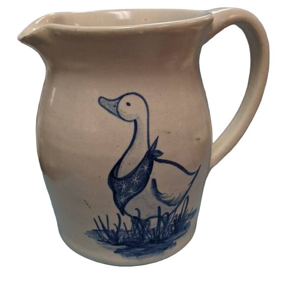 Vintage small Casey Pottery Goose Stoneware Pitcher Jug Vase Beige Blue Paint - Picture 1 of 4